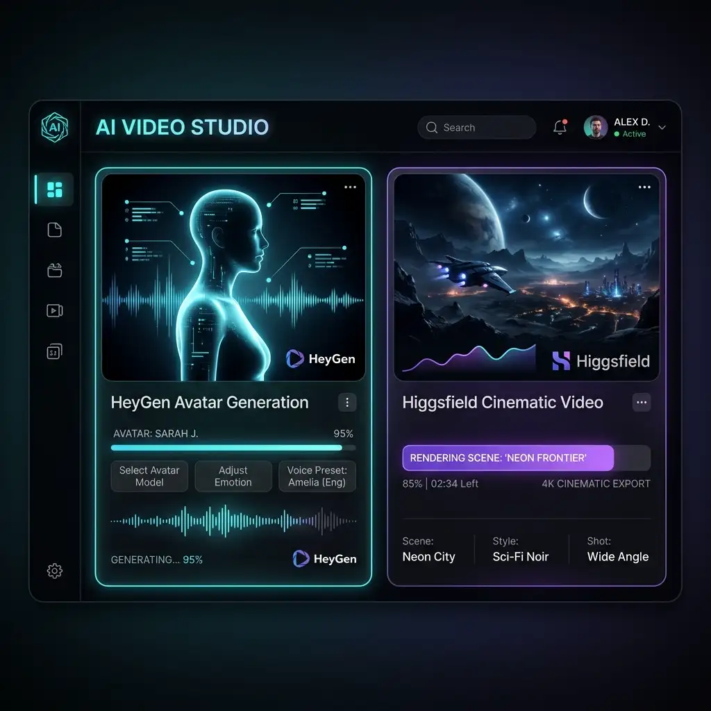 HeyGen and Higgsfield AI Studio Dashboard Mockup
